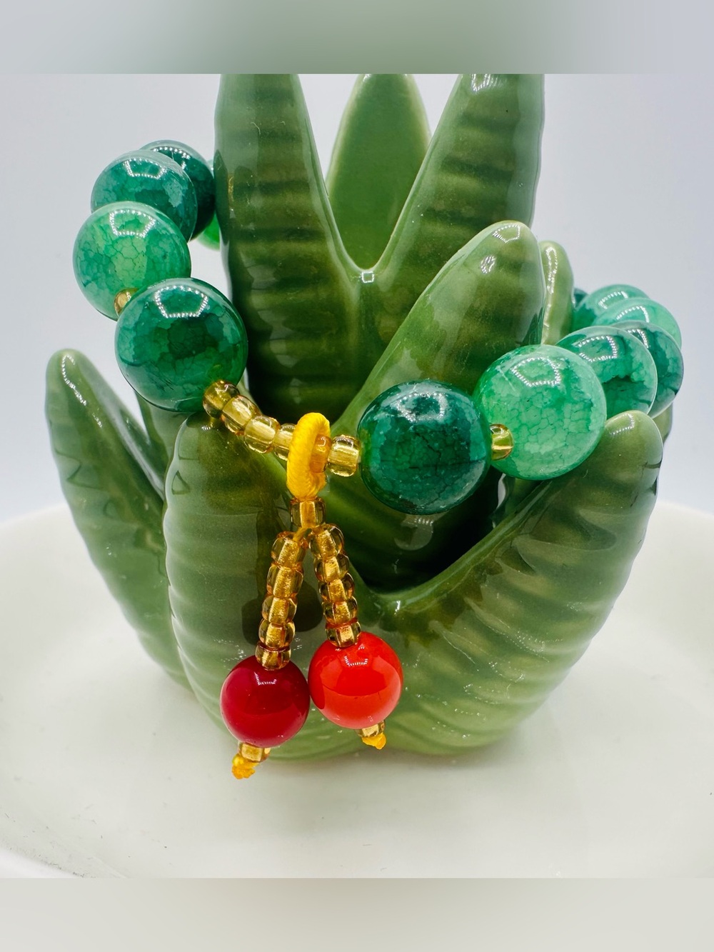 Green Beaded Cherry Charm Stretch Bracelet